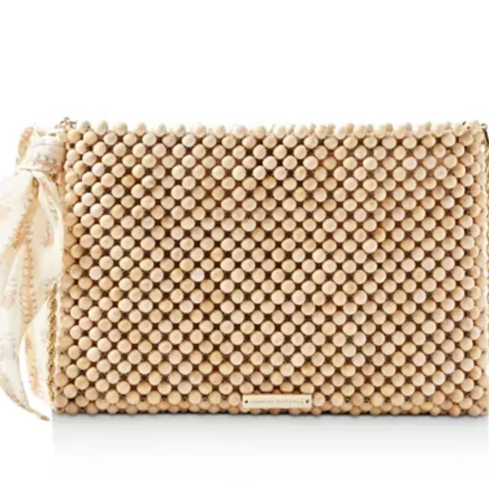 Loeffler Randall Beaded Clutch in Beige with Gold Chain